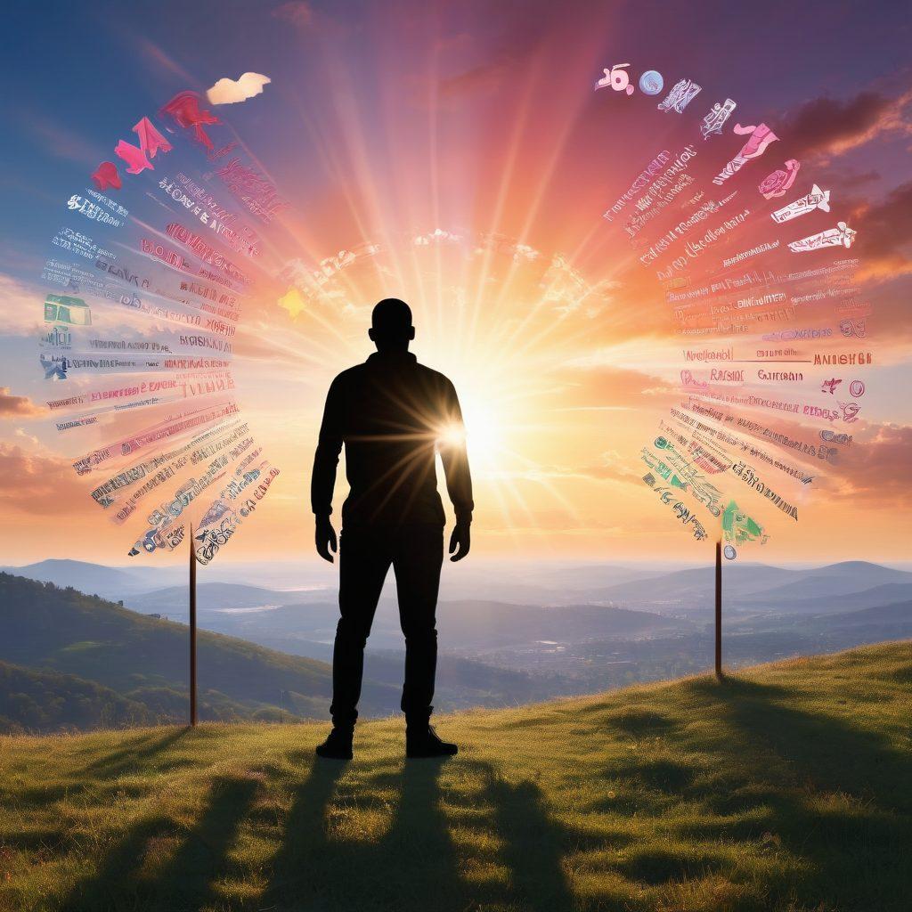 A powerful silhouette of a cancer survivor standing triumphantly on a hill, bathed in morning light, surrounded by supportive healthcare symbols like medical equipment and community figures in the background. The sky is vibrant with colors symbolizing hope and resilience, while informative texts float in the air, representing knowledge and guidance. 3D effect. vibrant colors. inspirational.
