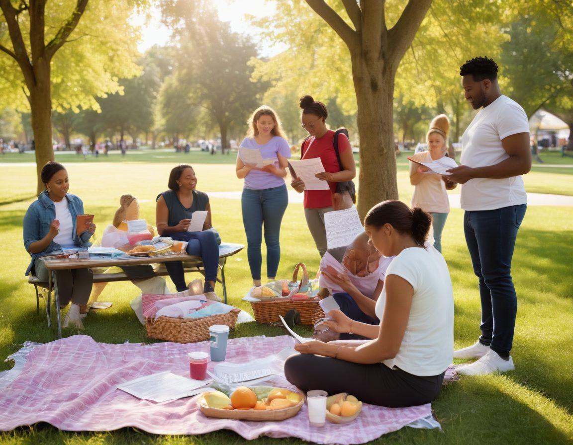 A diverse group of people gathered in a sunny park, exchanging support and resources with each other about cancer treatment. In the foreground, a person holds a pamphlet about community advocacy while others share stories. Background features a picnic blanket with healthy snacks, symbolizing nourishment and hope. Bright, uplifting colors to evoke a sense of community and support. super-realistic. vibrant colors. natural lighting.
