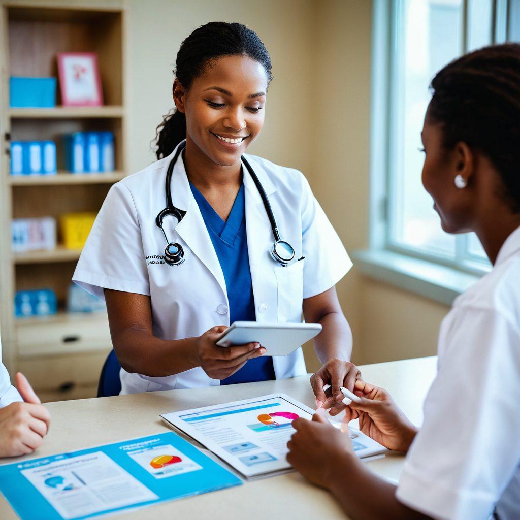 A compassionate oncology nurse engaging with a diverse group of cancer patients in a bright, reassuring clinic setting, surrounded by educational materials like pamphlets and infographics on cancer care. The room should emit a warm, hopeful atmosphere with soft natural lighting, emphasizing the importance of patient education. Include elements of interaction, like the nurse pointing at a digital tablet displaying illustrations of treatment options. super-realistic. vibrant colors. soft lighting.